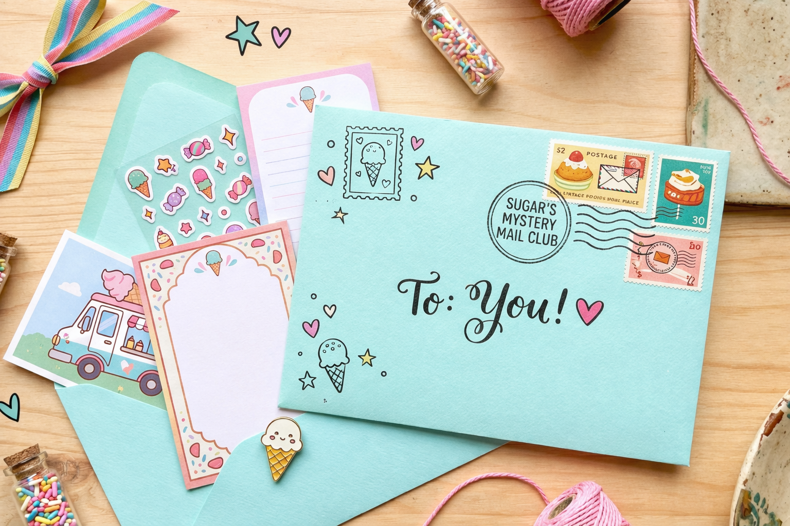 Sugar Scoops Mystery Mail Club envelope and stationery laid out on a table